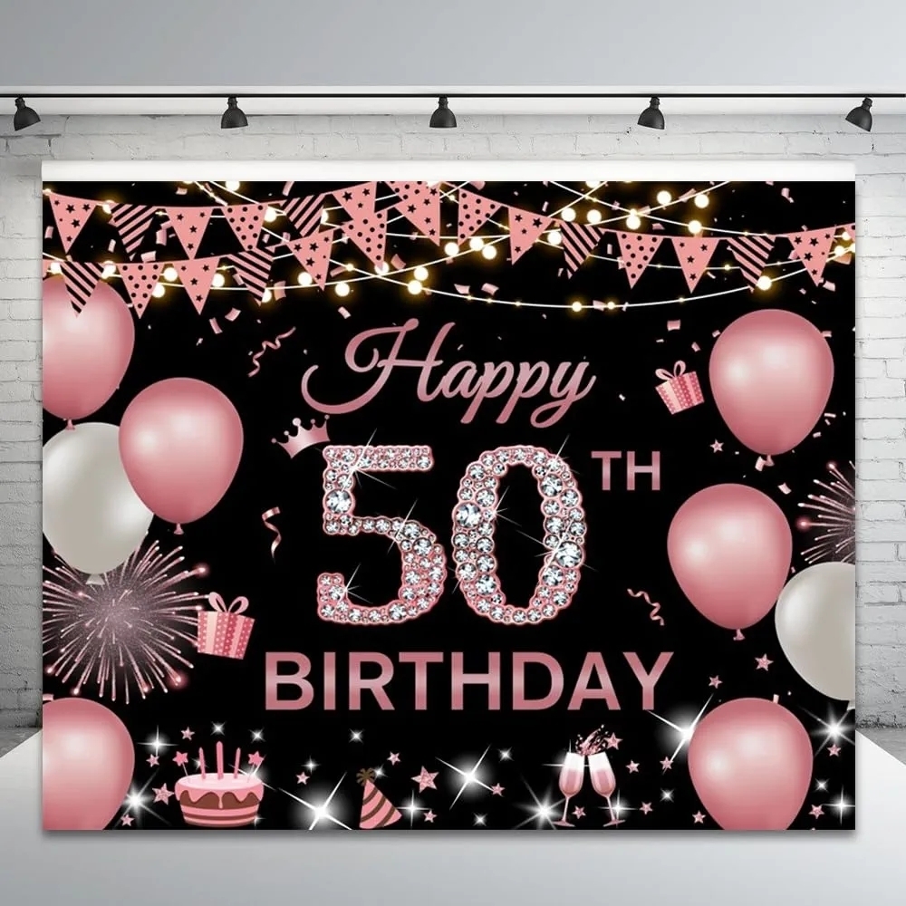 Rose Gold and Black 50th Birthday Backdrop 10×8ft
